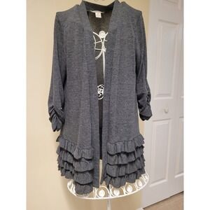 White House Black Market Gray Ruffle Hem Ruched Sleeve Cardigan Sweater Size M